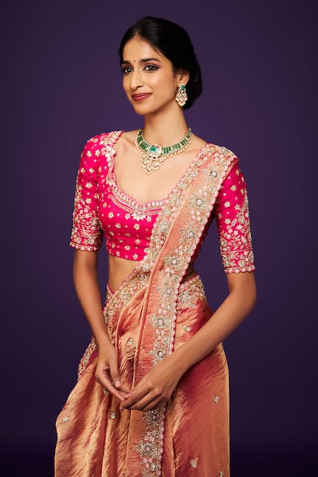 Issa Studio By Chetana & Swathi Pink Tissue Sequins, Embroidery Sweetheart Neck Floral Zardozi Saree Set Online at Aza Fashions Issa Studio By Chetana & Swathi_Pink Tissue Sequins, Embroidery Sweetheart Neck Floral Zardozi Saree Set _Online_at_Aza_Fashions