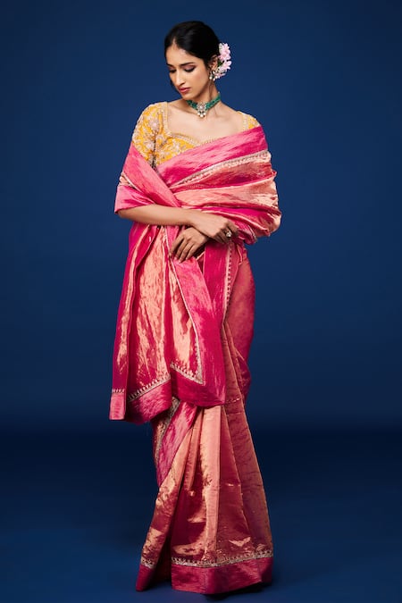 Issa Studio By Chetana & Swathi_Pink Tissue Cut Work, Zari Hot Metallic Embroidered Saree _Online_at_Aza_Fashions