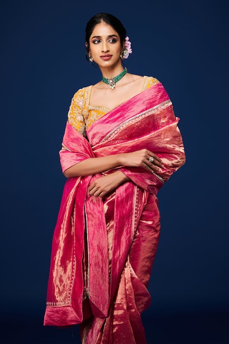 Buy_Issa Studio By Chetana & Swathi_Pink Tissue Cut Work, Zari Hot Metallic Embroidered Saree _Online_at_Aza_Fashions