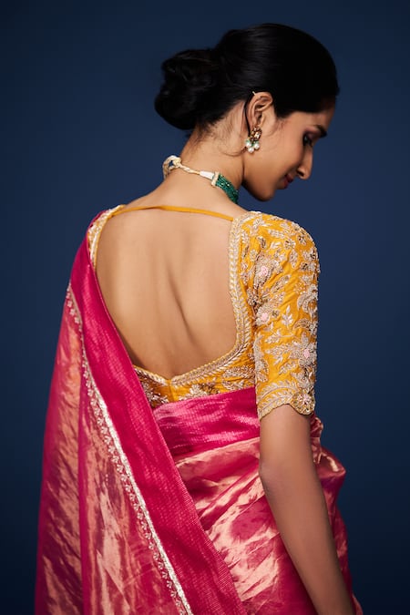 Issa Studio By Chetana & Swathi_Pink Tissue Cut Work, Zari Hot Metallic Embroidered Saree _at_Aza_Fashions