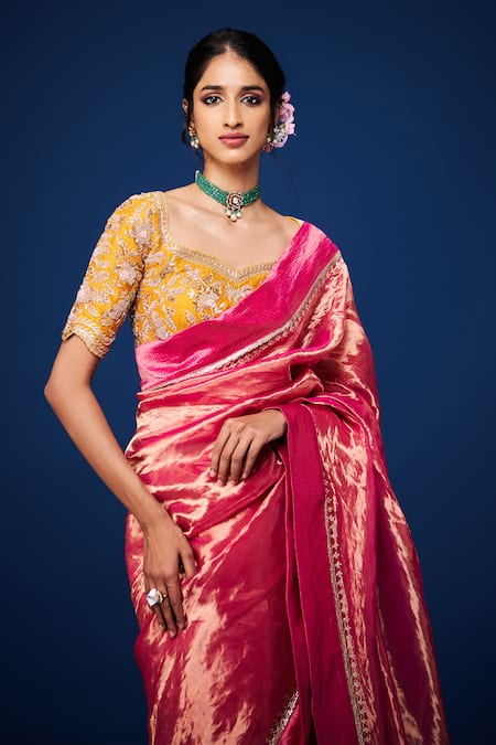 Buy Issa Studio By Chetana & Swathi Pink Tissue Zari, Sequins Sweetheart Neck Hot Embroidered Border Saree Set Online at Aza Fashions Buy_Issa Studio By Chetana & Swathi_Pink Tissue Zari, Sequins Sweetheart Neck Hot Embroidered Border Saree Set _Online_at_Aza_Fashions