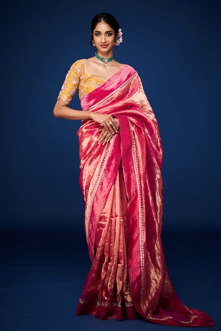 Shop Issa Studio By Chetana & Swathi Pink Tissue Zari, Sequins Sweetheart Neck Hot Embroidered Border Saree Set Online at Aza Fashions Shop_Issa Studio By Chetana & Swathi_Pink Tissue Zari, Sequins Sweetheart Neck Hot Embroidered Border Saree Set _Online_at_Aza_Fashions