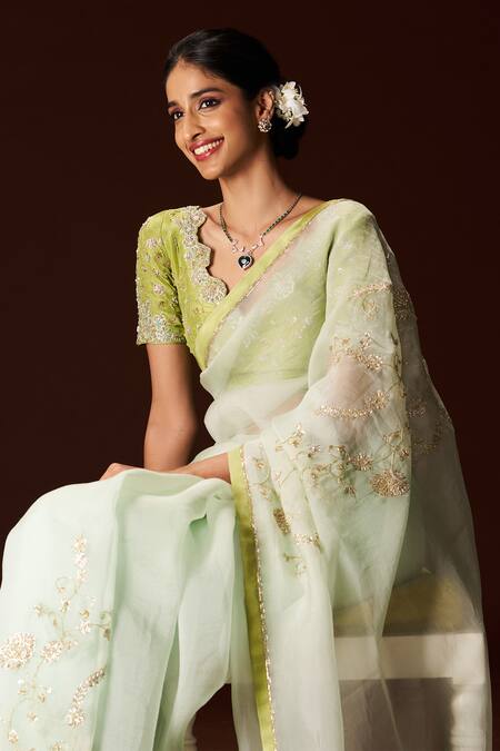 Issa Studio By Chetana & Swathi_Green Organza Cut Work, Sequins, Zari Pistachio Embroidered Saree _at_Aza_Fashions