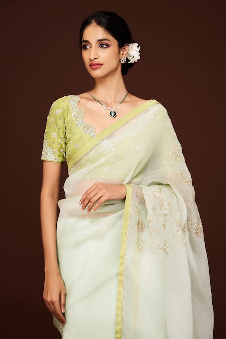 Issa Studio By Chetana & Swathi_Green Organza Embroidery, Cut Work, Sequins V-neck Zardozi Cutdana Saree _Online_at_Aza_Fashions