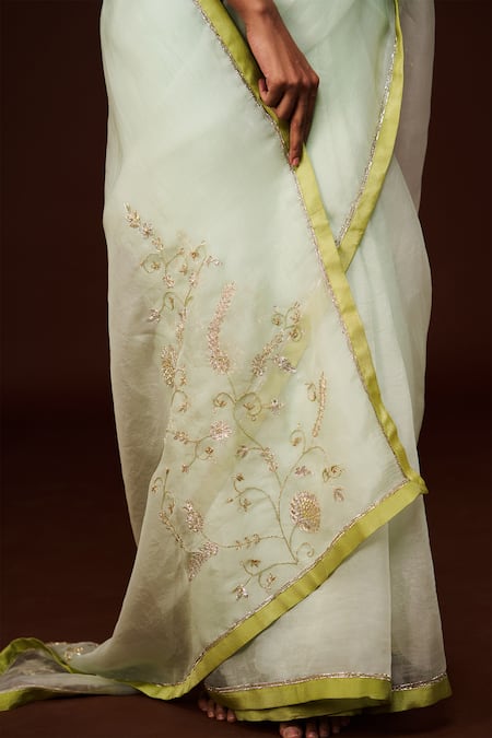 Shop_Issa Studio By Chetana & Swathi_Green Organza Embroidery, Cut Work, Sequins V-neck Zardozi Cutdana Saree _Online_at_Aza_Fashions