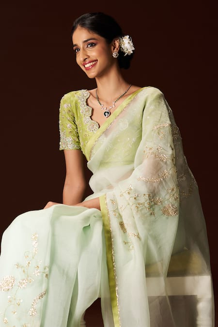 Issa Studio By Chetana & Swathi_Green Organza Embroidery, Cut Work, Sequins V-neck Zardozi Cutdana Saree _at_Aza_Fashions