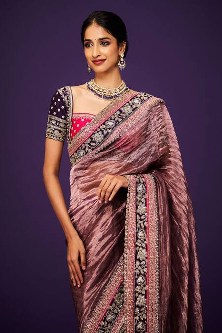 Shop_Issa Studio By Chetana & Swathi_Purple Tissue Zari, Sequins, Cut Work Sweetheart Color Block Embroidered Blouse _Online_at_Aza_Fashions