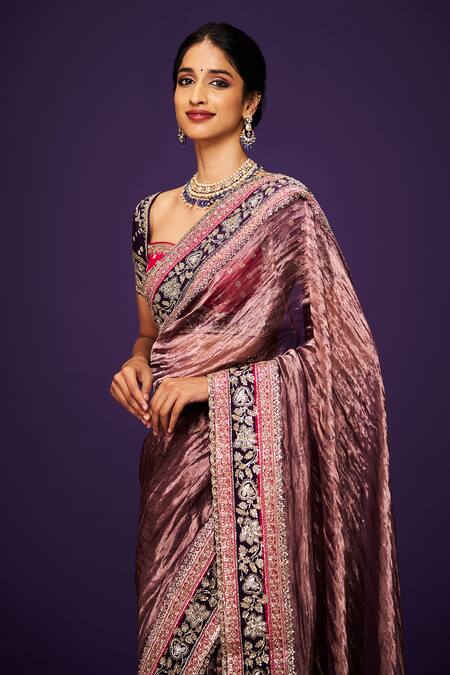 Issa Studio By Chetana & Swathi_Purple Tissue Cut Work, Sequins, Zari Cutdana Embroidered Border Saree _Online_at_Aza_Fashions