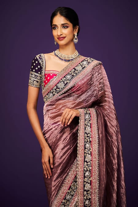 Buy_Issa Studio By Chetana & Swathi_Purple Tissue Cut Work, Sequins, Zari Cutdana Embroidered Border Saree _Online_at_Aza_Fashions