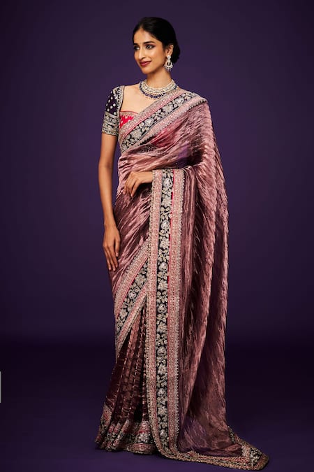 Issa Studio By Chetana & Swathi_Purple Tissue Sequins, Zari Sweetheart Neck Embroidered Saree Set _Online_at_Aza_Fashions