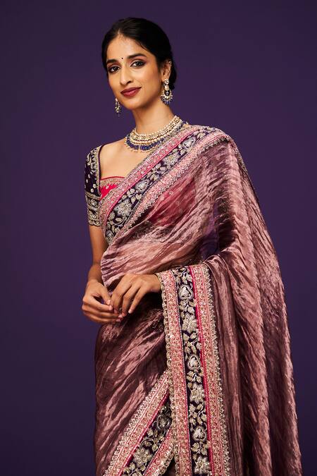 Issa Studio By Chetana & Swathi_Purple Tissue Sequins, Zari Sweetheart Neck Embroidered Saree Set _at_Aza_Fashions
