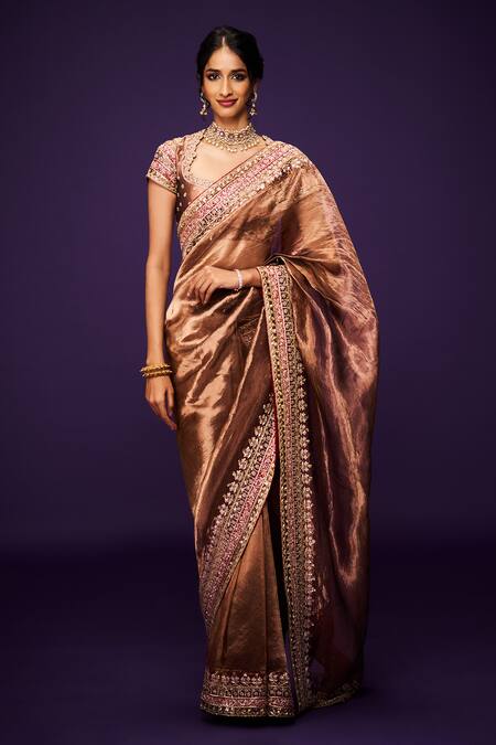 Shop_Issa Studio By Chetana & Swathi_Brown Silk, Tissue Asymmetric Copper Zardozi Embroidered Blouse _Online_at_Aza_Fashions