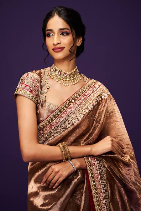 Buy_Issa Studio By Chetana & Swathi_Brown Silk, Tissue Asymmetric Copper Zardozi Embroidered Blouse 