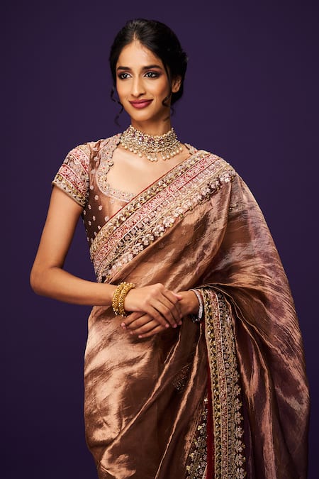Issa Studio By Chetana & Swathi_Brown Silk, Tissue Sequins, Cut Work Copper Zardozi Embroidered Saree _Online_at_Aza_Fashions