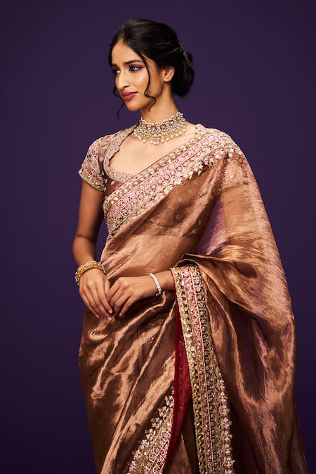 Shop_Issa Studio By Chetana & Swathi_Brown Silk, Tissue Sequins, Cut Work Copper Zardozi Embroidered Saree _Online_at_Aza_Fashions