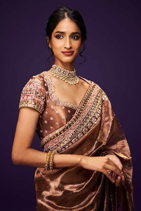 Buy_Issa Studio By Chetana & Swathi_Brown Silk, Tissue Sequins, Cut Work Copper Zardozi Embroidered Saree 