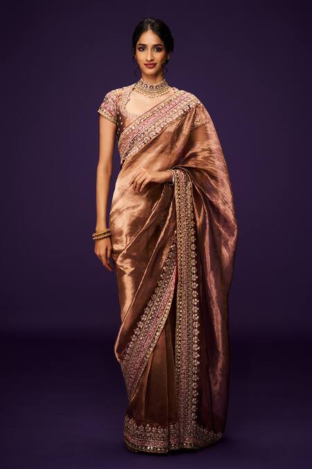 Issa Studio By Chetana & Swathi_Brown Silk, Tissue Zari, Sequins, Cut Copper Zardozi Embroidered Saree Set _Online_at_Aza_Fashions