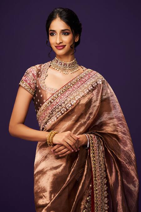 Buy_Issa Studio By Chetana & Swathi_Brown Silk, Tissue Zari, Sequins, Cut Copper Zardozi Embroidered Saree Set _Online_at_Aza_Fashions