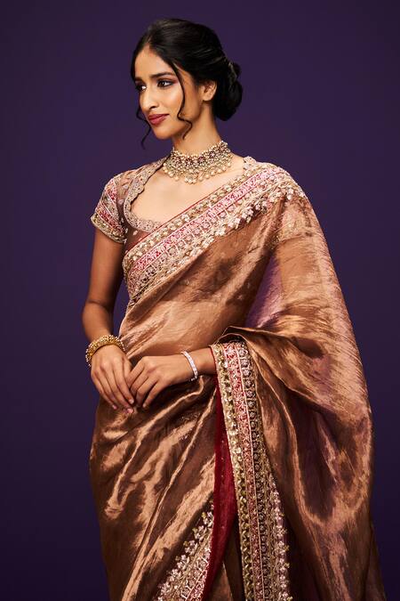 Shop_Issa Studio By Chetana & Swathi_Brown Silk, Tissue Zari, Sequins, Cut Copper Zardozi Embroidered Saree Set _Online_at_Aza_Fashions