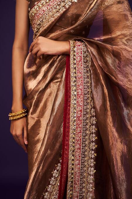 Issa Studio By Chetana & Swathi_Brown Silk, Tissue Zari, Sequins, Cut Copper Zardozi Embroidered Saree Set _at_Aza_Fashions