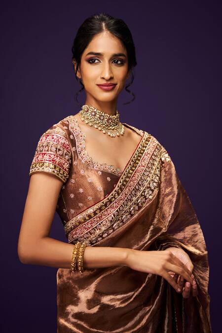 Buy_Issa Studio By Chetana & Swathi_Brown Silk, Tissue Zari, Sequins, Cut Copper Zardozi Embroidered Saree Set 