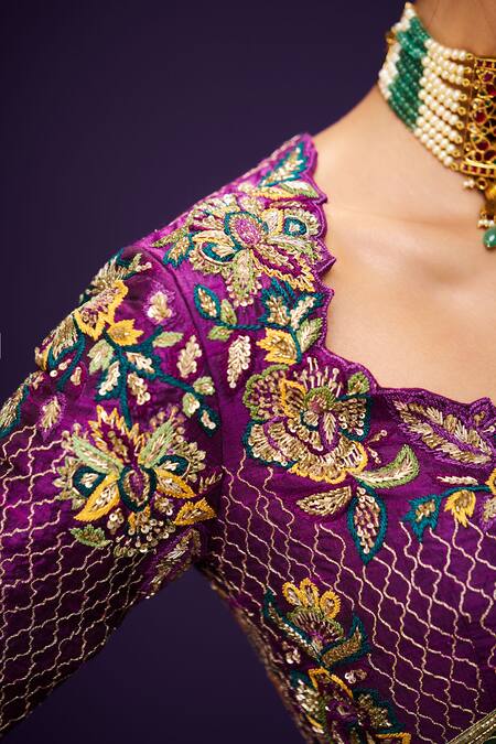 Shop_Issa Studio By Chetana & Swathi_Purple Tissue Embroidery Round Neck Zari Jaal Floral Blouse _Online_at_Aza_Fashions