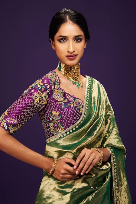 Issa Studio By Chetana & Swathi_Purple Tissue Embroidery Round Neck Zari Jaal Floral Blouse _at_Aza_Fashions