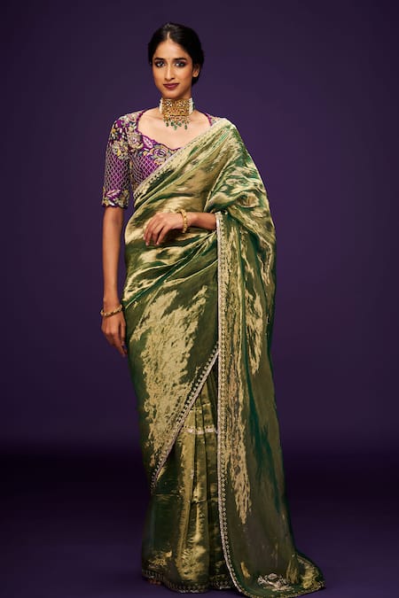 Issa Studio By Chetana & Swathi_Green Tissue Cut Work, Sequins, Zari Embroidered Metallic Saree _Online_at_Aza_Fashions