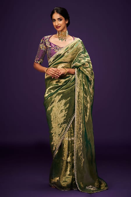 Buy_Issa Studio By Chetana & Swathi_Green Tissue Cut Work, Sequins, Zari Embroidered Metallic Saree _Online_at_Aza_Fashions