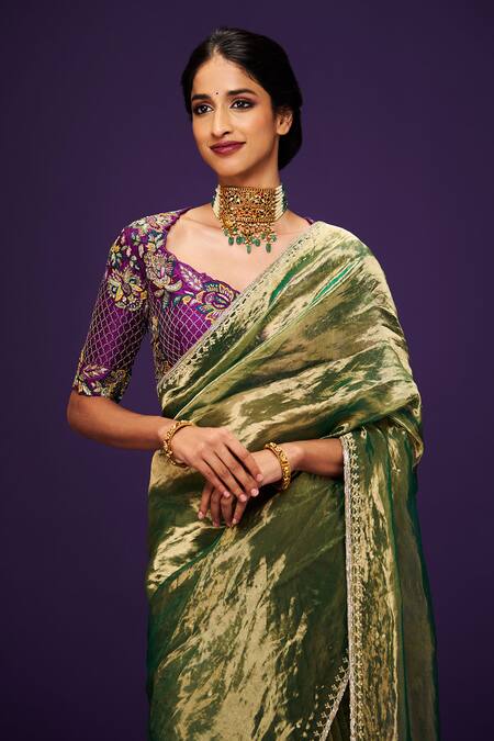 Shop_Issa Studio By Chetana & Swathi_Green Tissue Cut Work, Sequins, Zari Embroidered Metallic Saree _Online_at_Aza_Fashions