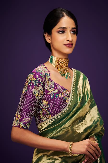 Issa Studio By Chetana & Swathi_Green Tissue Cut Work, Sequins, Zari Embroidered Metallic Saree _at_Aza_Fashions