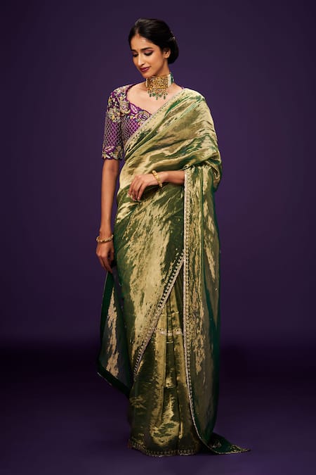 ISSA STUDIO BY CHETANA & SWATHI Sarovara Zari Embroidered Metallic Saree With Contrast Blouse 