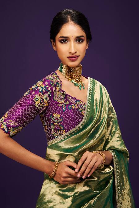 Issa Studio By Chetana & Swathi_Green Tissue Sequins, Cut Work Zari Embroidered Saree And Contrast Blouse _at_Aza_Fashions
