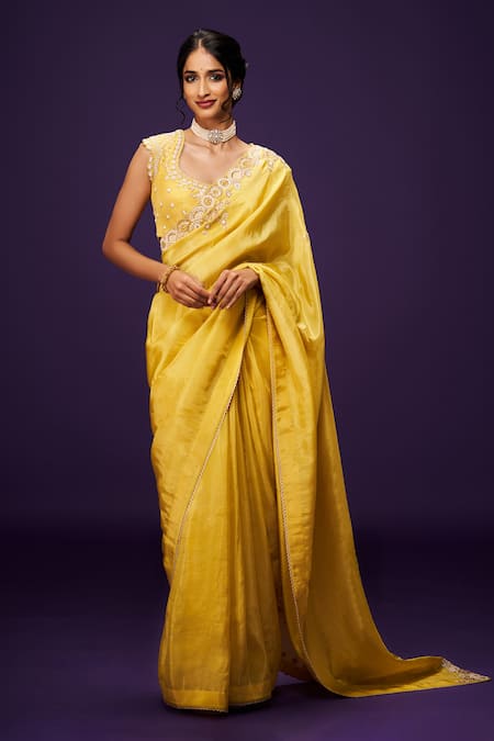 Issa Studio By Chetana & Swathi_Yellow Tissue Sequins Round Neck Cutdana Embroidered Blouse _Online_at_Aza_Fashions