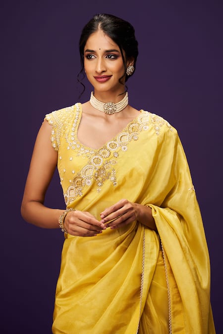 Issa Studio By Chetana & Swathi_Yellow Tissue Cut Work, Sequins, Zari Cutdana Embroidered Saree _Online_at_Aza_Fashions