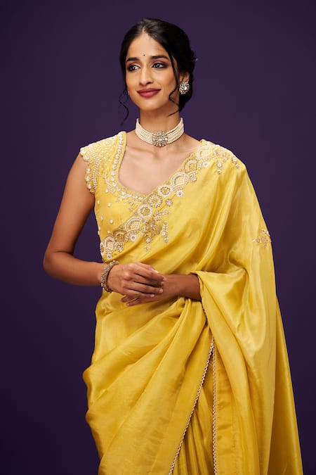 Buy_Issa Studio By Chetana & Swathi_Yellow Tissue Cut Work, Sequins, Zari Cutdana Embroidered Saree _Online_at_Aza_Fashions