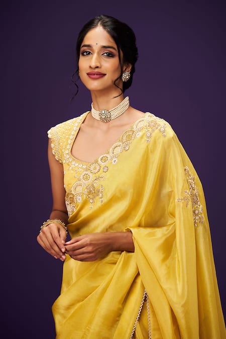 Shop_Issa Studio By Chetana & Swathi_Yellow Tissue Cut Work, Sequins, Zari Cutdana Embroidered Saree _Online_at_Aza_Fashions