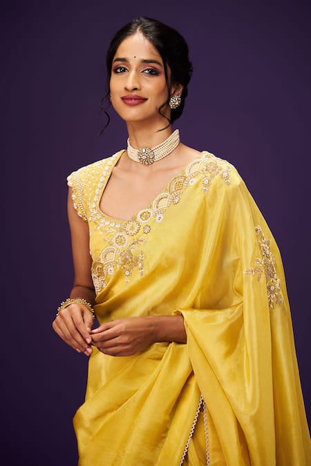 Issa Studio By Chetana & Swathi_Yellow Tissue Cut Work, Sequins, Zari Cutdana Embroidered Saree _at_Aza_Fashions