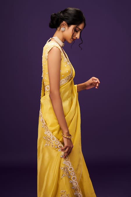 Buy_Issa Studio By Chetana & Swathi_Yellow Tissue Cut Work, Sequins, Zari Cutdana Embroidered Saree 