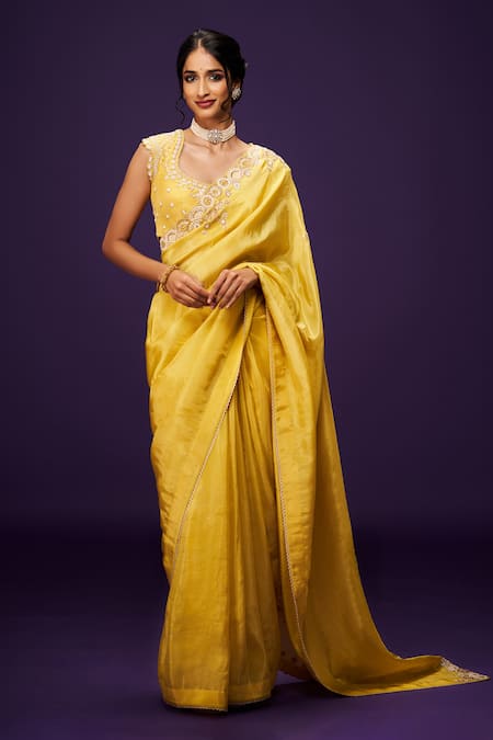 ISSA STUDIO BY CHETANA & SWATHI Sloka Cutdana Flower Scallop Embroidered Saree With Blouse 