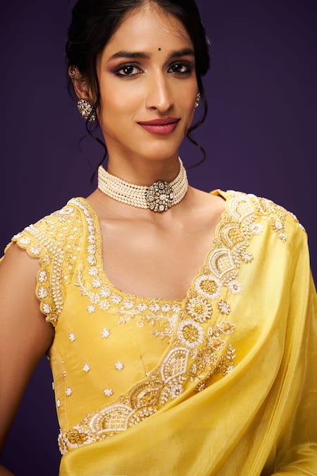 Shop_Issa Studio By Chetana & Swathi_Yellow Tissue Cut Work, Sequins, Zari Round Neck Cutdana Embroidered Saree Set 