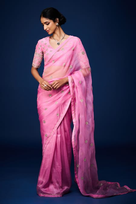 Issa Studio By Chetana & Swathi_Pink Organza Cut Work, Sequins, Zari Zardozi Blossom Embroidered Saree _Online_at_Aza_Fashions