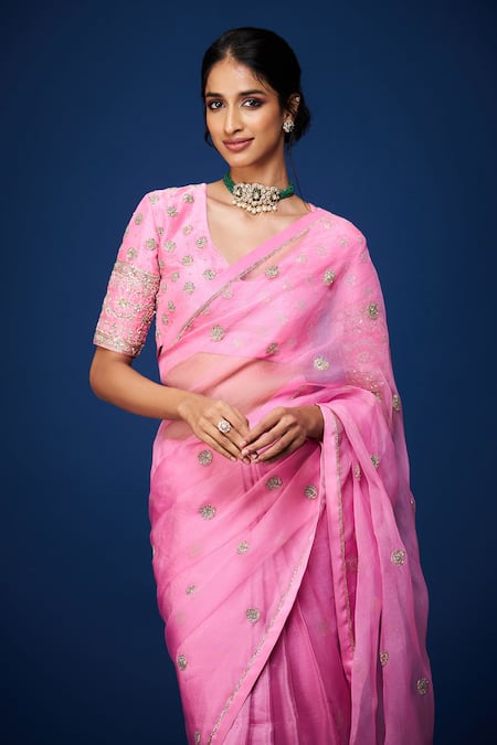 Buy_Issa Studio By Chetana & Swathi_Pink Organza Cut Work, Sequins, Zari Zardozi Blossom Embroidered Saree _Online_at_Aza_Fashions