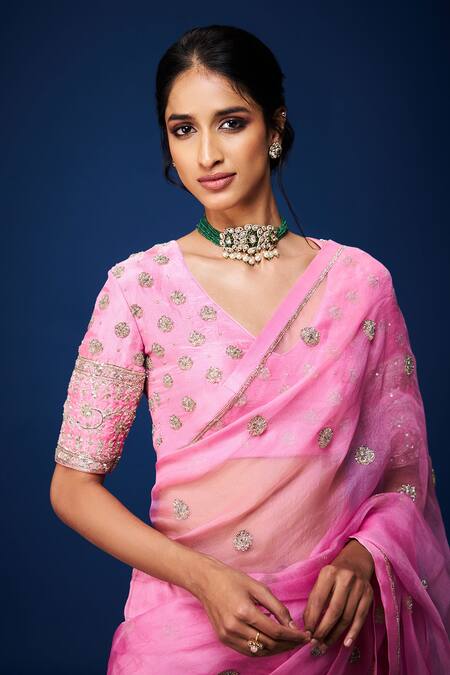 Issa Studio By Chetana & Swathi_Pink Organza Cut Work, Sequins, Zari Zardozi Blossom Embroidered Saree _at_Aza_Fashions