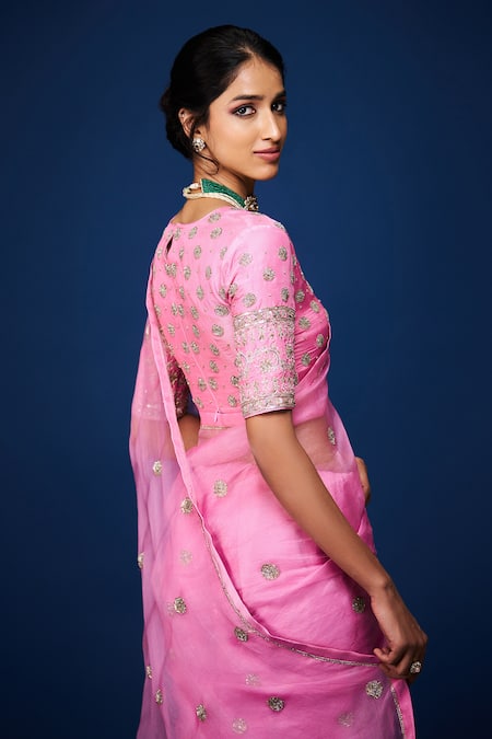 Buy_Issa Studio By Chetana & Swathi_Pink Organza Cut Work, Sequins, Zari Zardozi Blossom Embroidered Saree 