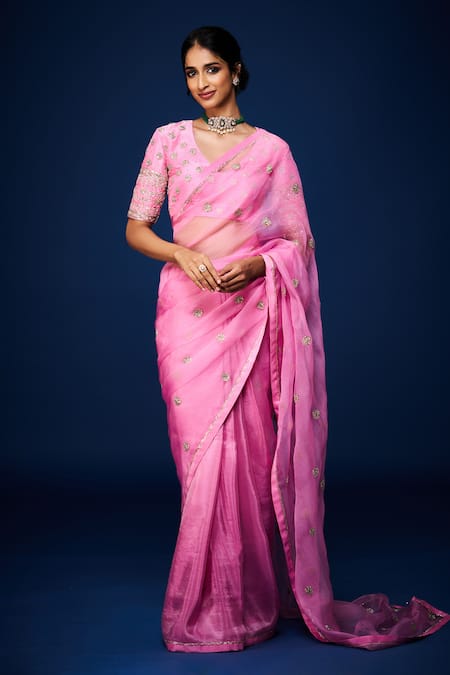 Issa Studio By Chetana & Swathi_Pink Organza Sequins, Zari, Cut Work V-neck Blossom Embroidered Saree Set _Online_at_Aza_Fashions