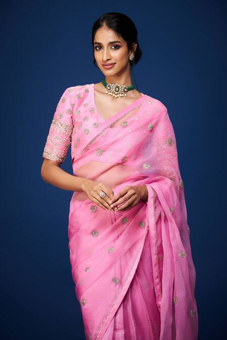 Buy_Issa Studio By Chetana & Swathi_Pink Organza Sequins, Zari, Cut Work V-neck Blossom Embroidered Saree Set _Online_at_Aza_Fashions