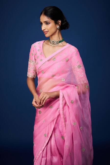 Shop_Issa Studio By Chetana & Swathi_Pink Organza Sequins, Zari, Cut Work V-neck Blossom Embroidered Saree Set _Online_at_Aza_Fashions