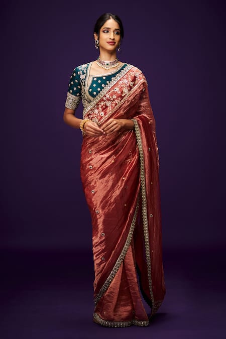 ISSA STUDIO BY CHETANA & SWATHI Tarangini Zardozi Floral Embroidered Metallic Saree With Blouse 