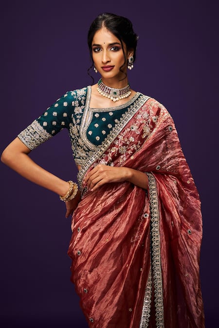 Issa Studio By Chetana & Swathi_Red Silk, Tissue Zari, Sequins, Cut Zardozi Floral Embroidered Metallic Saree _Online_at_Aza_Fashions